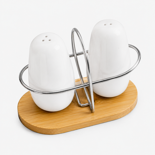 Premium Ceramic Salt & Pepper Shaker Set with Wooden Stand