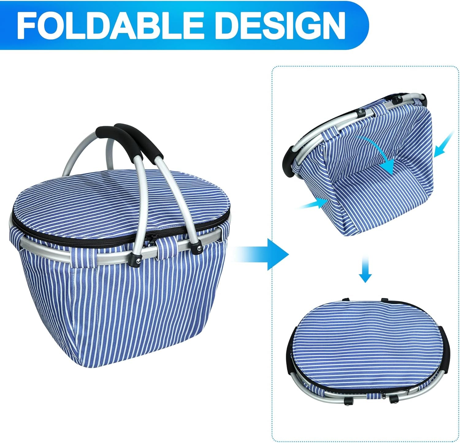 25L Picnic Basket Insulated and Leak-Proof Two Handles Foldable and Easy to Carry with 4 Built-In Support Bars for Grocery Shopping, Camping, Picnics and Road Trips