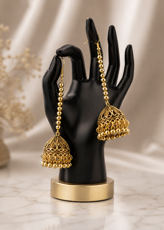 1 Carat Long Chain Jhumka Earrings with Gold Bead Tassels