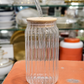Elegant Ribbed Glass Tumbler with Bamboo Lid & Glass Straw