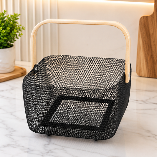 Black Metal Mesh Storage Basket with Wooden Handle