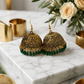 1 Carat Traditional Jhumka Earrings with Green Bead Accents