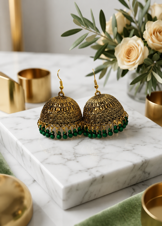 1 Carat Traditional Jhumka Earrings with Green Bead Accents