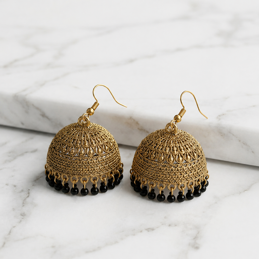1 Carat Traditional Jhumka Earrings with Black Bead Accents