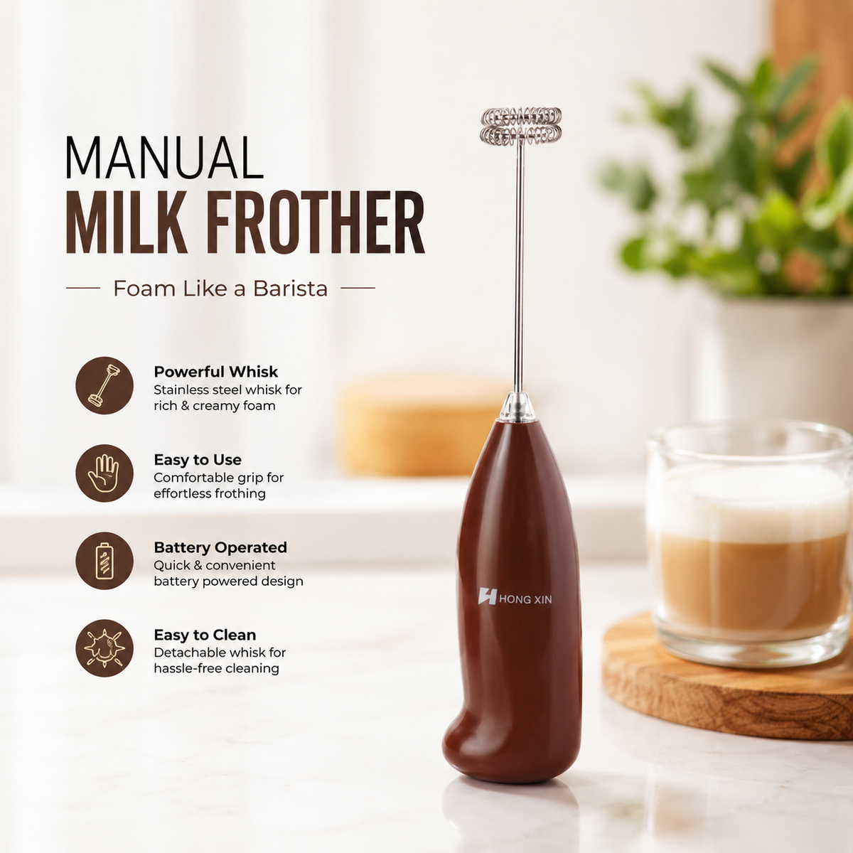 Manual Milk Frother & Coffee Whisk – Single Piece